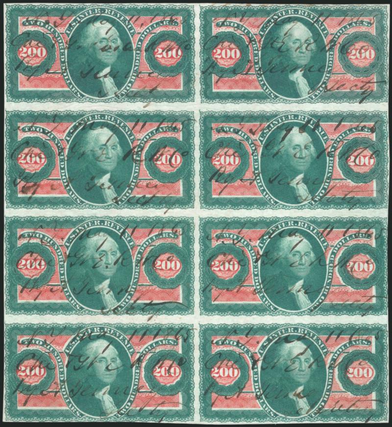$200.00 U.S.I.R., Imperforate (R102a). Complete sheet of eight,> each stamp with neat manuscript <<N.Y. May 11, 1865Chi + G.t.E.R.W. Co.By A. Tunney Secty>> cancel, margins clear to just touching on two
stamps<><>^VERY FINE. THIS IS THE FINEST