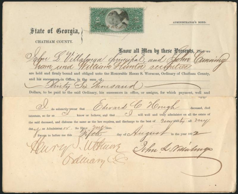 $1.00 Green & Black, Third Issue, Inverted Center (R144a).> Deep rich color, <used on partly-printed August 5, 1872 Administrators Bond from Chatham County, Georgia,> manuscript initials and August 572 date,
faintly toned perf tips and some minor