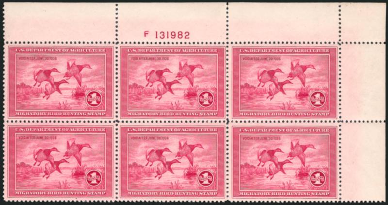 $1.00 1935 Hunting Permit (RW2).> Top right corner margin plate no. F131982 block of six, stamps Mint N.H., carefully removed hinges in selvage (appears Mint N.H. at a glance), only one light natural gum bend
and completely free of gum skips, well-ce