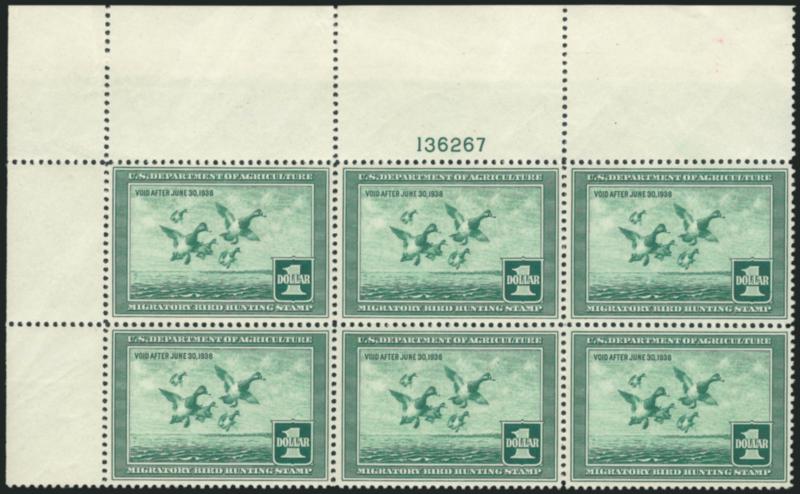 $1.00 1937 Hunting Permit (RW4).> Mint N.H. huge top left corner margin plate no. 136267 block of six, exceptionally well-centered, trivial offset in the left selvage and light manuscript mark on back of the
right selvage near the top, otherwise Very