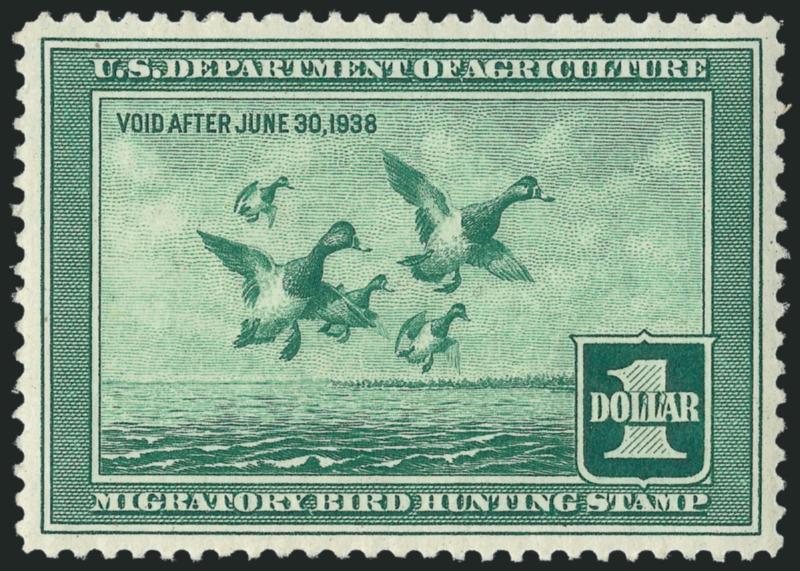 $1.00 1937 Hunting Permit (RW4).> Mint N.H., exceptionally fresh with almost perfect centering, bright color, Extremely Fine Gem, a superb stamp in every respect, with 2010 P.S.E. certificate (Superb 98 SMQ
$2,800.00), this is the highest grade awar