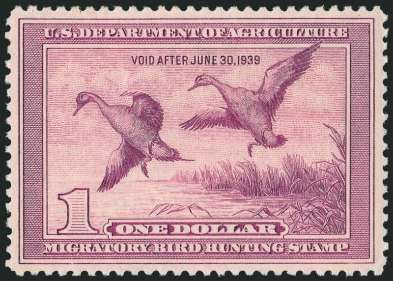 $1.00 1938 Hunting Permit (RW5).> Mint N.H., beautifully centered, vivid color on fresh paper, Extremely Fine Gem, ex Beverly Hills, with 2010 P.S.E. certificate (XF-Superb 95 SMQ $1,600.00)