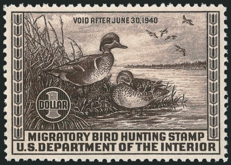 $1.00 1939 Hunting Permit (RW6).> Mint N.H., deep rich color and detailed impression, almost mathematically perfect centering, Extremely Fine Gem, with 2010 P.S.E. certificate (Superb 98 SMQ $2,250.00), one of
only nine to have achieved this grade a
