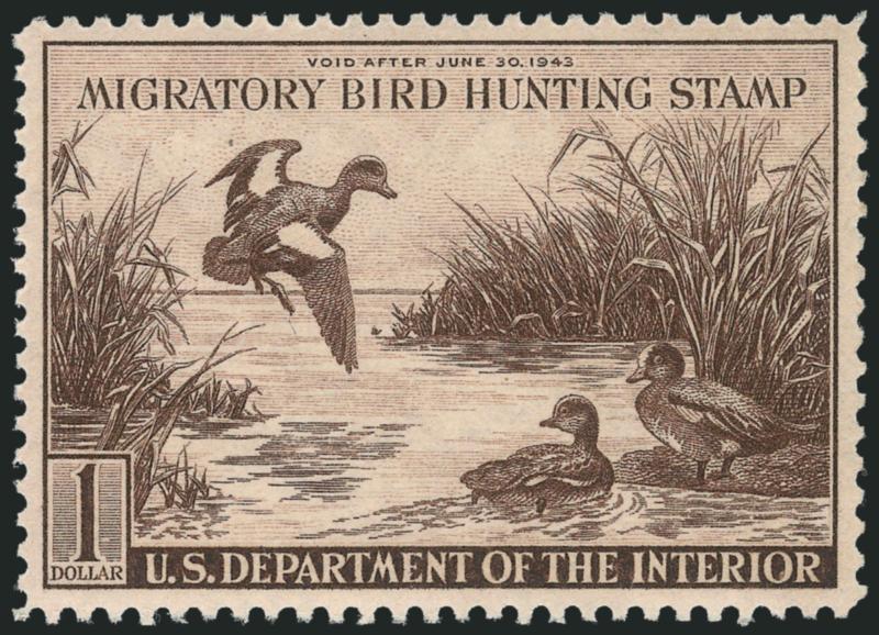 $1.00 1942 Hunting Permit (RW9).> Mint N.H., rich color, crisp impression, choice centering, Extremely Fine Gem, ex Beverly Hills, with 2010 P.S.E. certificate (XF-Superb 95 SMQ $850.00)