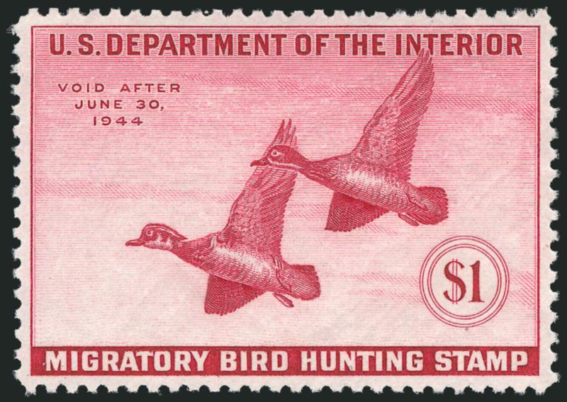 $1.00 1943 Hunting Permit (RW10).> Mint N.H., vibrant color and perfect centering, Extremely Fine Gem, with 2010 P.S.E. certificate (Superb 98 SMQ $920.00), only one has graded higher to date