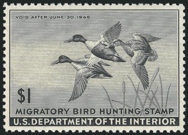 $1.00 1945 Hunting Permit (RW12).> Mint N.H., perfectly centered with wide margins, intense shade, Extremely Fine Gem, a superb stamp, ex Beverly Hills, with 2010 P.S.E. certificate (Superb 98 SMQ $1,300.00),
only one has graded higher to date and o