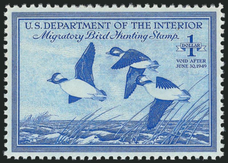 $1.00 1948 Hunting Permit (RW15).> Mint N.H., rich color and clear impression, perfectly centered, Extremely Fine Gem, with 2010 P.S.E. certificate (Superb 98 SMQ $550.00), only four have graded higher to
date