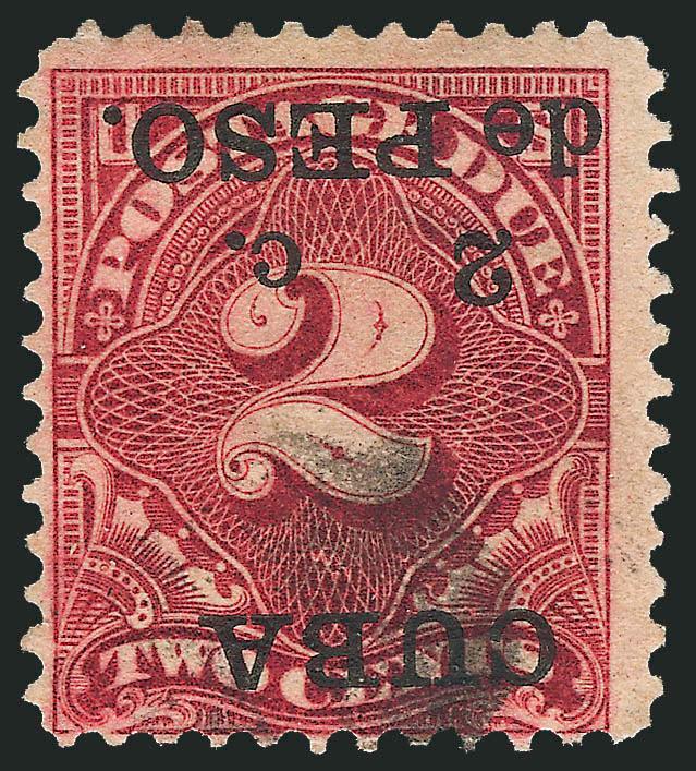 CUBA, 1899, 2c on 2c Deep Claret, Postage Due, Inverted Surcharge (J2a).> Neat cancel, deep color and proof-like impression, tiny thin spot at bottom left<><>^FINE APPEARING EXAMPLE OF THE CUBA 2-CENT ON
2-CENT POSTAGE DUE WITH INVERTED OVERPRINT.