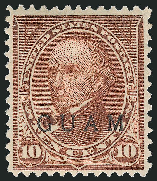 GUAM, 1899, 10c Brown, Ty. II (9).> Original gum, h.r., pretty shade, well-balanced margins<><>^VERY FINE ORIGINAL-GUM EXAMPLE OF THE RARE 1899 10-CENT TYPE II WITH GUAM OVERPRINT.^<><>The 10c Type II with
Guam overprint exists both as a regular