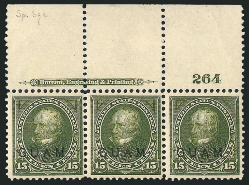 GUAM, 1900, 15c Olive Green, Special Printing (10SP).> Top imprint and plate no. 264 strip of three, original gum, faintly hinged, each stamp with red Special Surcharge backstamp and signed in pencil in
selvage J. M. B. (Bartels), rich color, cen