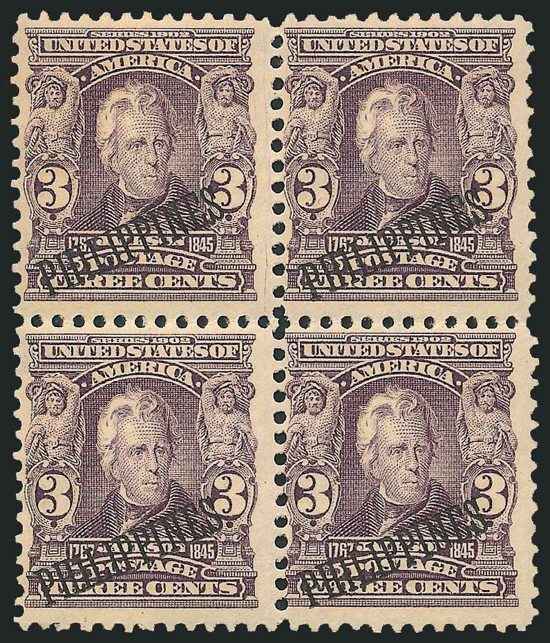 PHILIPPINES, 1907, 3c Bright Violet, Bureau of Insular Affairs Special Printing (228SP).> Block of four, lightly hinged, bright shade<><>^FRESH AND FINE. A RARE BLOCK OF THE 3-CENT 1907 SPECIAL PRINTING
PREPARED FOR THE BUREAU OF INSULAR AFFAIRS.^<