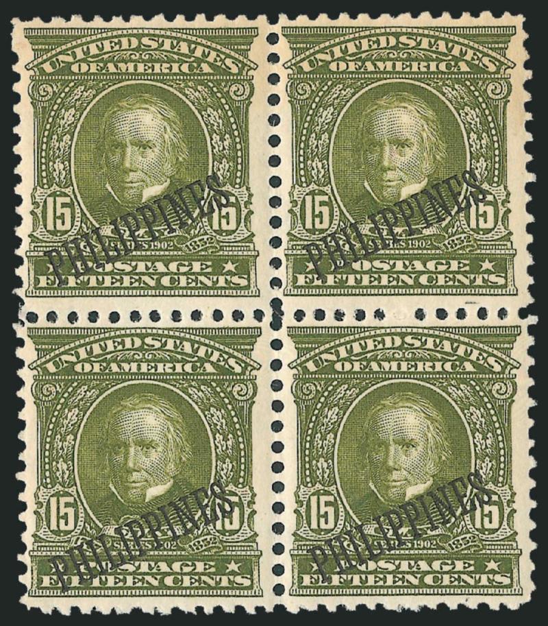 PHILIPPINES, 1907, 15c Olive Green, Bureau of Insular Affairs Special Printing (235SP).> Block of four, barely hinged at center, intense color on bright paper<><>^FINE-VERY FINE. A RARE BLOCK OF THE 15-CENT
1907 SPECIAL PRINTING PREPARED FOR THE BU