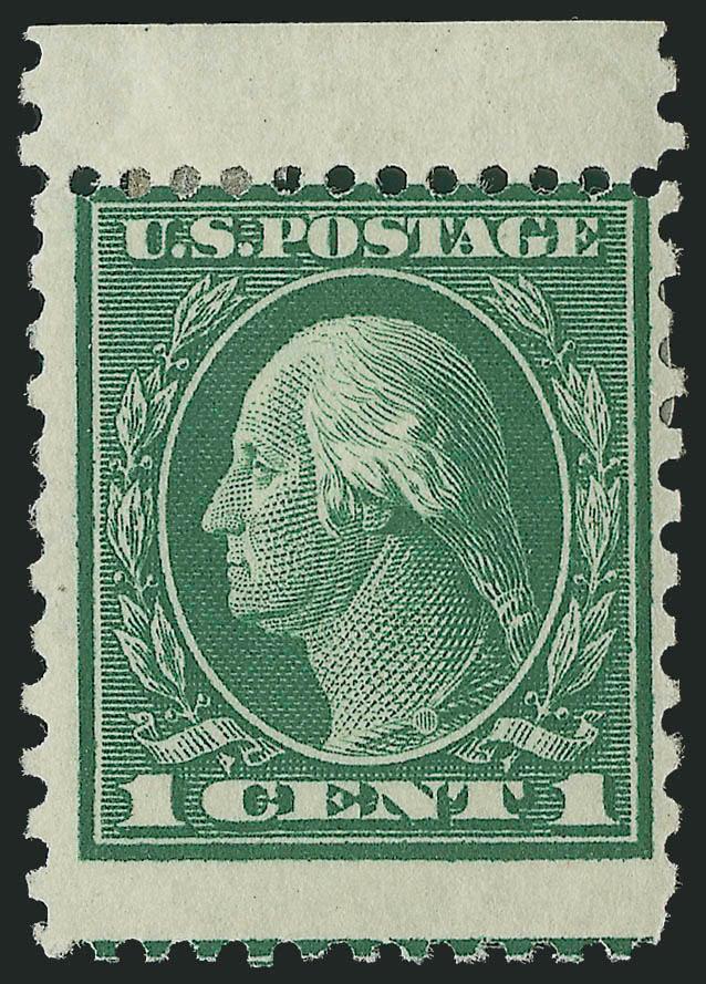 1c Green, Perf 12 x 10 (423A).> Selvage at top, h.r., deep rich color <><>^FRESH AND VERY GOOD. ONE OF ONLY SEVENTEEN RECORDED UNUSED EXAMPLES OF THIS ISSUE, AND ONE OF ONLY THREE WITH SELVAGE.^<><>Our census
of Scott 423A, available from our web