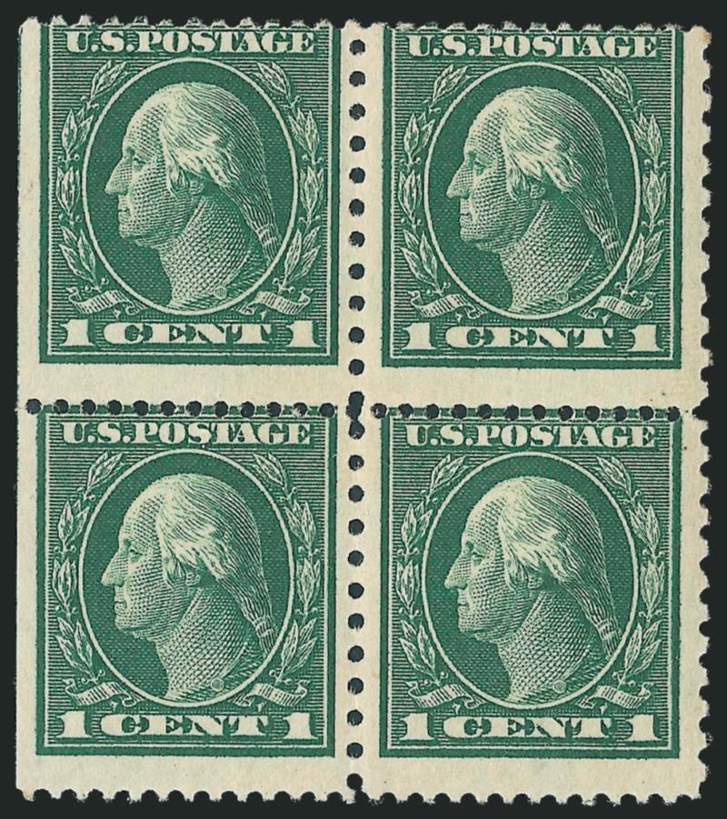 1c Green, Perf 12 x 10 (423A). Block of four,> small central h.r., centered to top as are virtually all known unused examples, deep rich color, natural s.e. at left<><>^VERY GOOD. THIS IS THE UNIQUE UNUSED
BLOCK OF FOUR OF THE 1914 ONE-CENT PERF 12