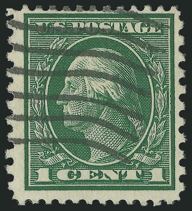 1c Green, Perf 12 x 10 (423A).> Neat wavy-line machine cancel, rich color, choice centering for this difficult issue<><>^VERY FINE AND CHOICE USED EXAMPLE OF THE 1914 ONE-CENT PERF 12 x 10 ISSUE. ONE OF ONLY
FOURTEEN USED SINGLES WITH A POSTAL CANC
