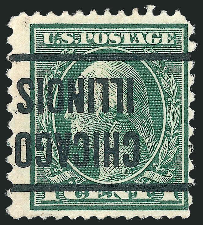 1c Green, Perf 12 x 10 (423A).> Neat Chicago Illinois precancel applied inverted, rich color<><>^FINE. AN ATTRACTIVE SOUND EXAMPLE OF THE 1914 ONE-CENT PERF 12 x 10 ISSUE.^<><>Of the stamps in our census of
Scott 423A, available from our websit