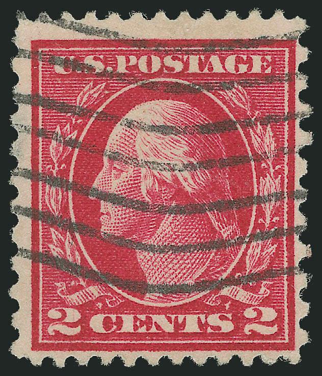 2c Rose Red, Ty. I, Perf 12 x 10 (423B).> Deep rich color, neat wavy-line cancel, small thin spot at top left<><>^FINE-VERY FINE APPEARING USED EXAMPLE OF THE 1914 2-CENT PERF 12 x 10 ISSUE.^<><>Our census of
Scott 423B, available at http:www.s
