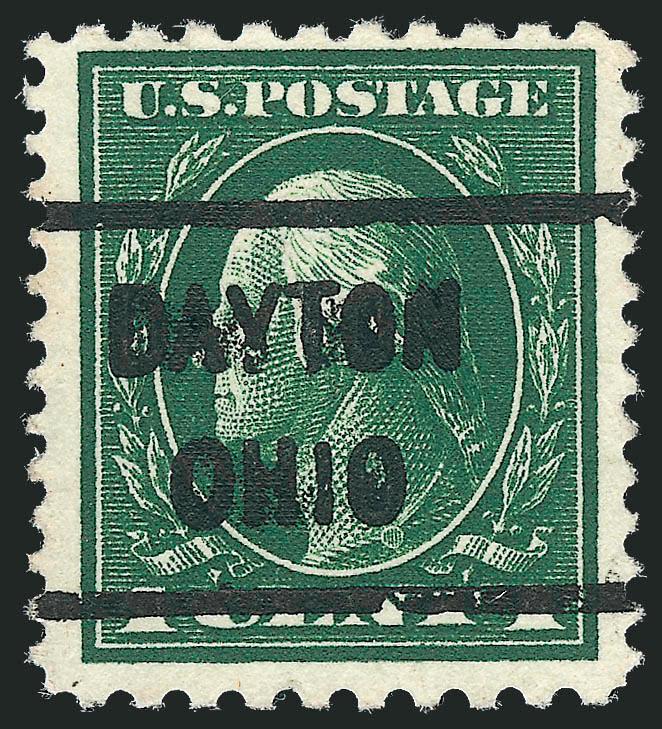 1c Green, Perf 10 x 12 (423D).> Incredibly deep color on fresh paper, bold Dayton Ohio precancel, wide margins<><>^VERY FINE AND CHOICE. A PARTICULARLY HANDSOME EXAMPLE OF THE 1914 ONE-CENT PERF 10 x 12
ISSUE.^<><>Our census of Scott 423D, avai