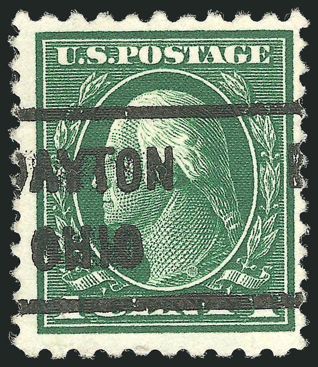 1c Green, Perf 10 x 12 (423D).> Intense color and impression, bright paper, bold Dayton Ohio precancel<><>^VERY FINE AND CHOICE. A RARE AND ATTRACTIVE SOUND EXAMPLE OF THE 1914 ONE-CENT PERF 10 x 12
ISSUE.^<><>Our census of Scott 423D, availabl