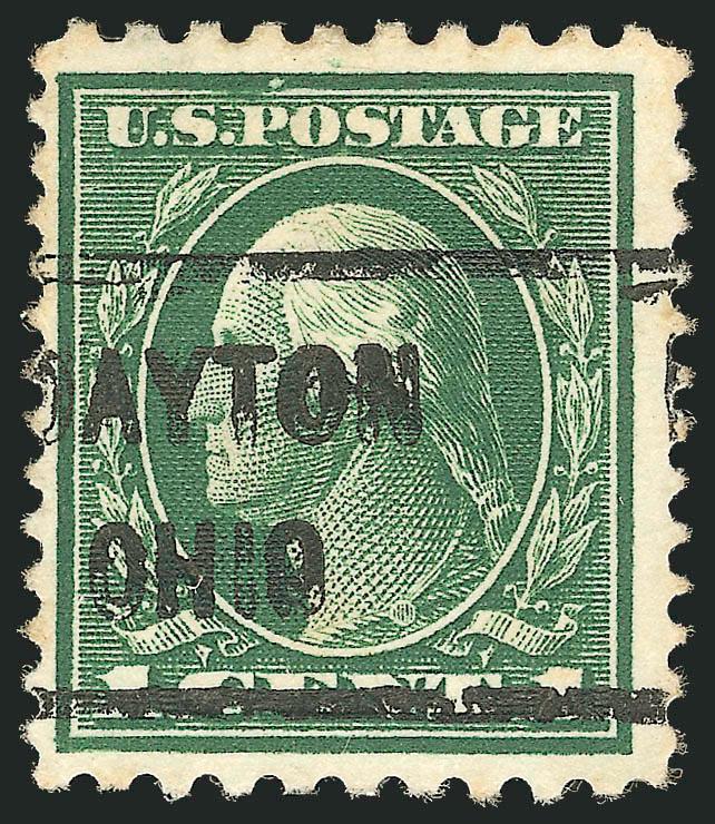 1c Green, Perf 10 x 12 (423D).> Rich color, Dayton Ohio precancel, small thin spot<><>^FINE-VERY FINE APPEARING AND AFFORDABLE EXAMPLE OF THE RARE 1914 ONE-CENT PERF 10 x 12 ISSUE.^<><>Our census of Scott
423D, available at http:www.siegelauc
