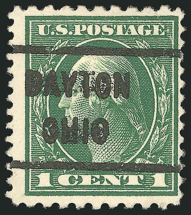 1c Green, Perf 10 x 12 (423D).> Rich color, clear Dayton Ohio precancel, light crease<><>^FINE-VERY FINE APPEARING EXAMPLE OF THE RARE 1914 ONE-CENT PERF 10 x 12 ISSUE.^<><>Our census of Scott 423D, available
at http:www.siegelauctions.comdy