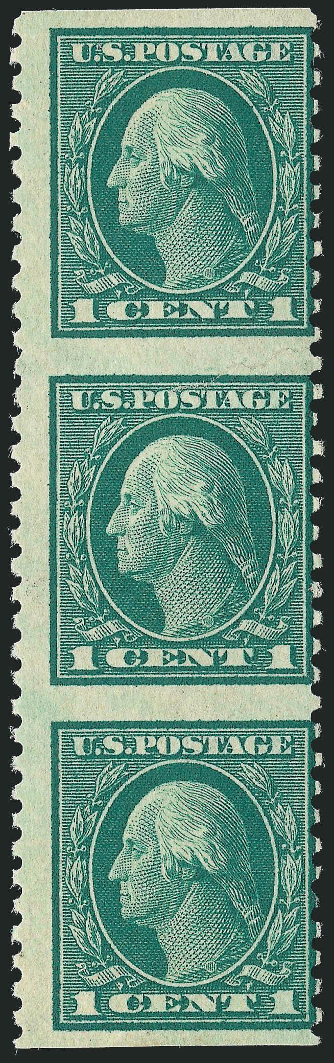 1c Green, Vertical Pair, Imperforate Horizontally (424c).> Vertical strip of three, small tear between two top stamps covered with h.r., Fine appearance, a very scarce perforation error, particularly in a
multiple larger than a pair, with 1996 P.F. c