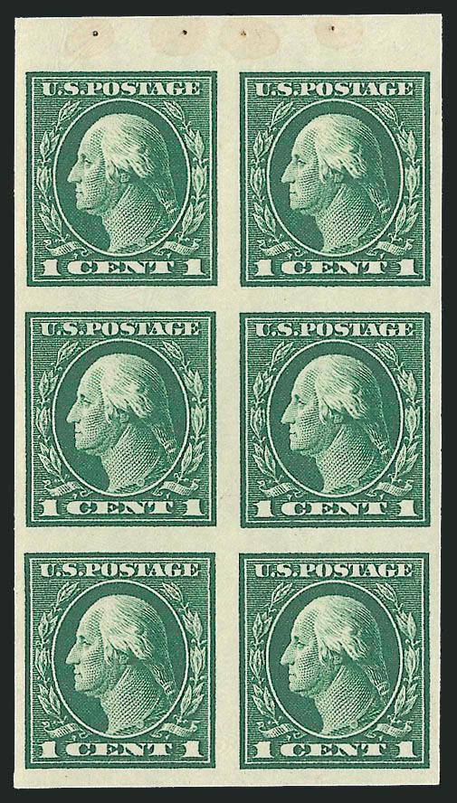 1c Green, Booklet Pane of Six, Imperforate (424e).> Unused (no gum) as are all of the reported booklet panes, rich color, huge margins all around<><>^EXTREMELY FINE. AN UNUSUALLY LARGE-MARGINED EXAMPLE OF THIS
RARE IMPERFORATE PANE. THIS IS THE ONL