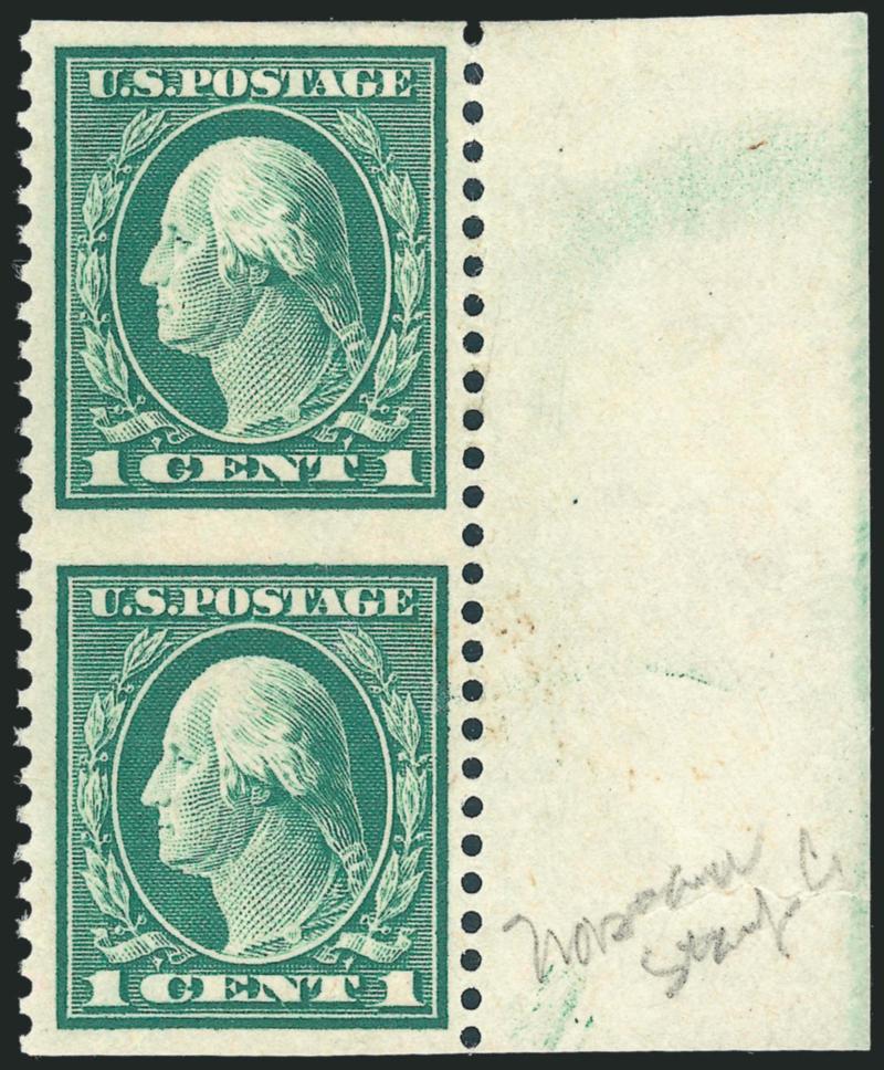 1c Green, Vertical Pair, Imperforate Horizontally (498a).> Positions 3040R, huge margins with <full selvage> at right, deep rich color, top stamp disturbed original gum and shallow thin spot, bottom stamp Mint
N.H. with small gum crease slightly aff