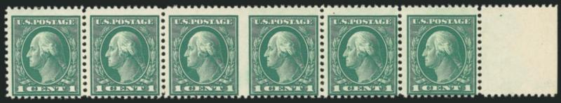1c Green, Horizontal Pair, Imperforate Between (498b).> Mint N.H. right margin strip of six, center pair shows the error of perforation, other four stamps normal, rich color, Fine and impressive multiple, with
2003 P.F. certificate
