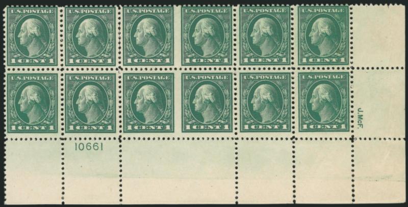 1c Green, Horizontal Pair, Imperforate Between (498b).> Two center pairs in <Mint N.H. bottom plate no. 10661 block of twelve,> rich color, weak perfs to left of errors, the bottom error is well-centered with
huge margins at top and bottom<><>^FINE