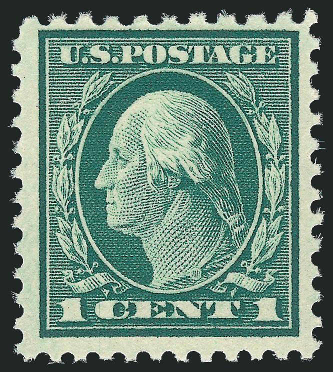 1c Green, Perf 10 at Top (498g).> Barest trace of hinging, deep rich color and sharp proof-like impression, well centered<><>^VERY FINE AND CHOICE UNUSED EXAMPLE OF THE ONE-CENT GREEN 1917 ISSUE PERF 10 AT
TOP. ONE OF THE RAREST OF ALL PERF 10 AT T