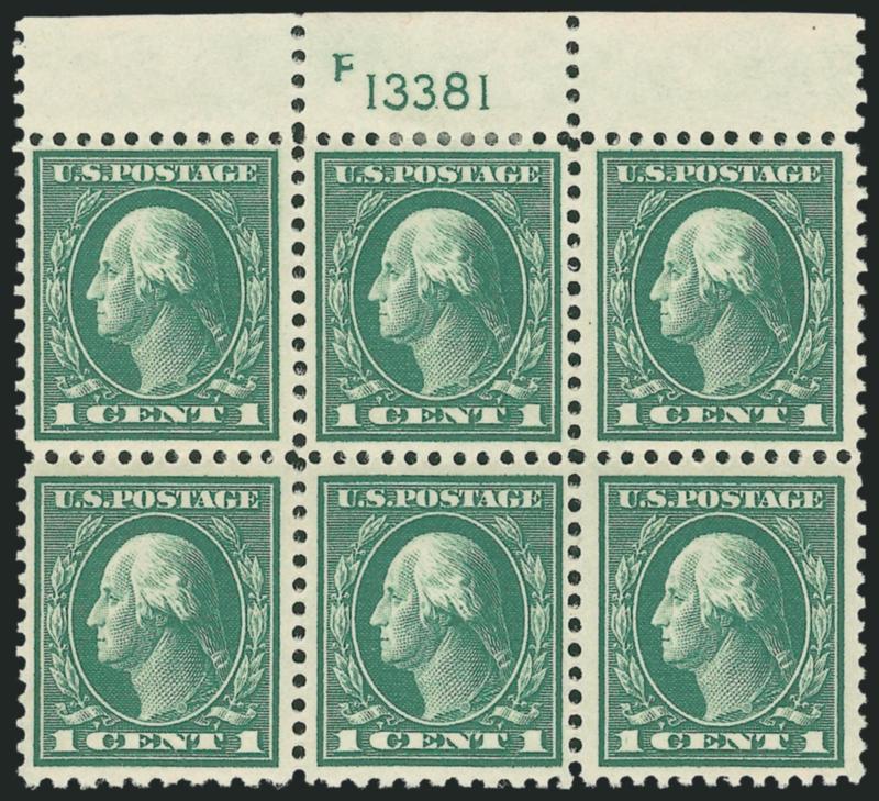 1c Green, Perf 10 at Bottom (498g).> Top plate no. F 13381 block of six, bottom stamps show transitional perforations with right stamp Perf 11, center stamp transitional Perf 1011, left stamp Perf 10, bottom
left stamp and two stamps at top lightly