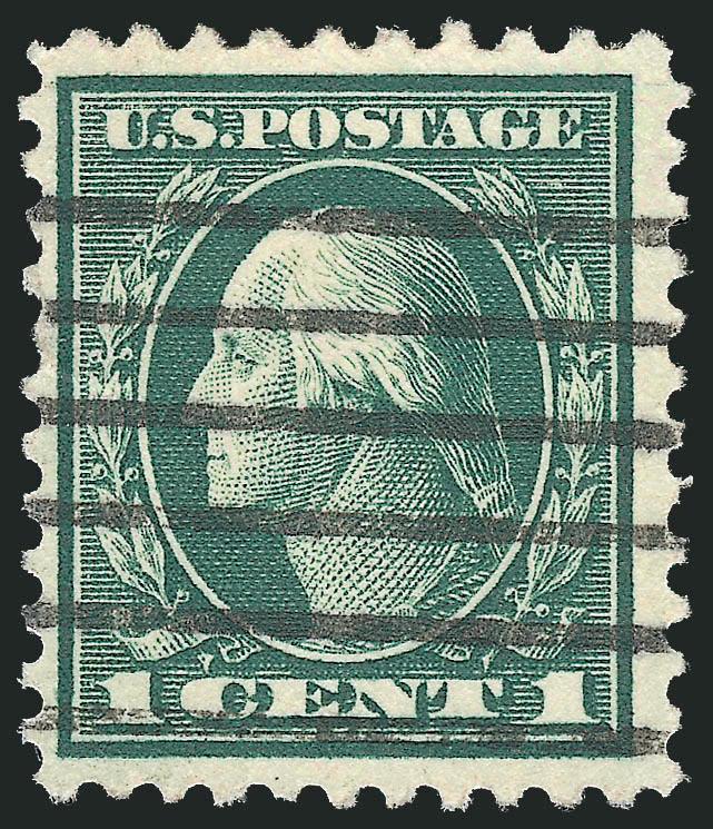1c Green, Perf 10 at Top (498g).> Deep rich color and sharp proof-like impression, neat machine cancel, unusually choice centering for this rare variety<><>^VERY FINE AND CHOICE. THIS IS THE FINEST OF THE FIVE
RECORDED USED EXAMPLES OF THE ONE-CENT