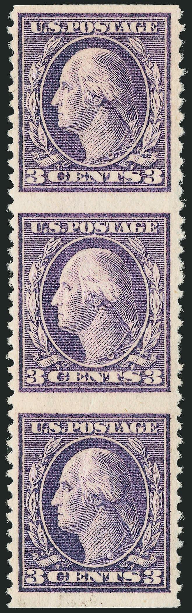 3c Dark Violet, Ty. II, Vertical Strip of Three, Imperforate Horizontally (502c).> Lightly hinged, rich color, choice centering, light natural gum wrinkles not visible on front of stamps and not mentioned on
accompanying certificate, Extremely Fine,