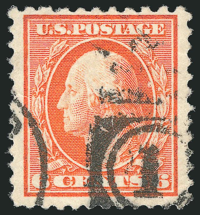 6c Red Orange, Perf 10 at Top (506a).> Clear strike of duplex cancel, vibrant color, wide margins, <transitional perfs at top> with most Perf 10 and two perfs at top left gauging 11, few creases<><>^VERY FINE
APPEARANCE. ONLY 20 USED EXAMPLES OF TH