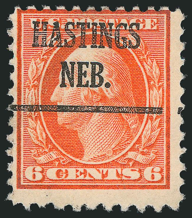 6c Red Orange, Perf 10 at Bottom (506a).> Radiant color, neat Hastings Neb. precancel<><>^FRESH AND VERY GOOD. A RARE SOUND EXAMPLE OF THE 6-CENT 1917 ISSUE PERF 10 AT BOTTOM. ONLY 20 USED EXAMPLES ARE
RECORDED IN OUR CENSUS, OF WHICH ONLY NINE A