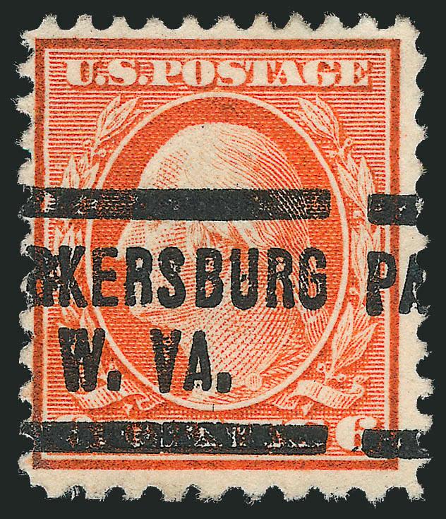 6c Red Orange, Perf 10 at Bottom (506a).> Bold Parkersburg W. VA. precancel, centered to left<><>^FINE. A RARE SOUND EXAMPLE OF THE 6-CENT 1917 ISSUE PERF 10 AT BOTTOM. ONLY 20 USED EXAMPLES ARE RECORDED IN
OUR CENSUS, OF WHICH ONLY NINE ARE SOUN
