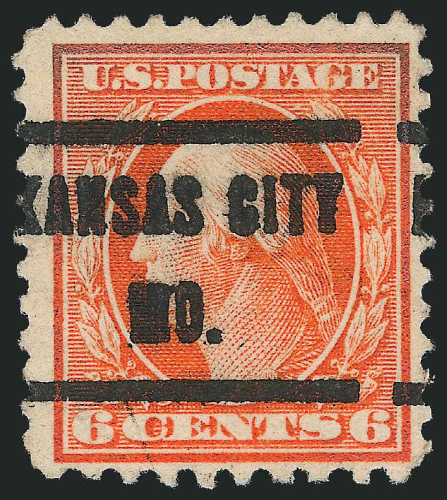 6c Red Orange, Perf 10 at Bottom (506a).> Bold Kansas City Mo. precancel, ample to wide margins, small corner crease at bottom left<><>^FINE APPEARING EXAMPLE OF THE 6-CENT 1917 ISSUE PERF 10 AT
BOTTOM.^<><>Unpublished Census No. 506a-CAN-05. W