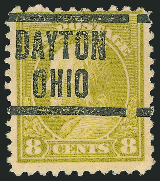 8c Olive Bister, Perf 10 at Top (508c).> Brilliant color, Dayton Ohio precancel, faint corner crease at bottom right<><>^VERY FINE APPEARANCE. AN ATTRACTIVE EXAMPLE OF THE RARE 8-CENT 1917 ISSUE PERF 10 AT
BOTTOM.^<><>Only two other examples in