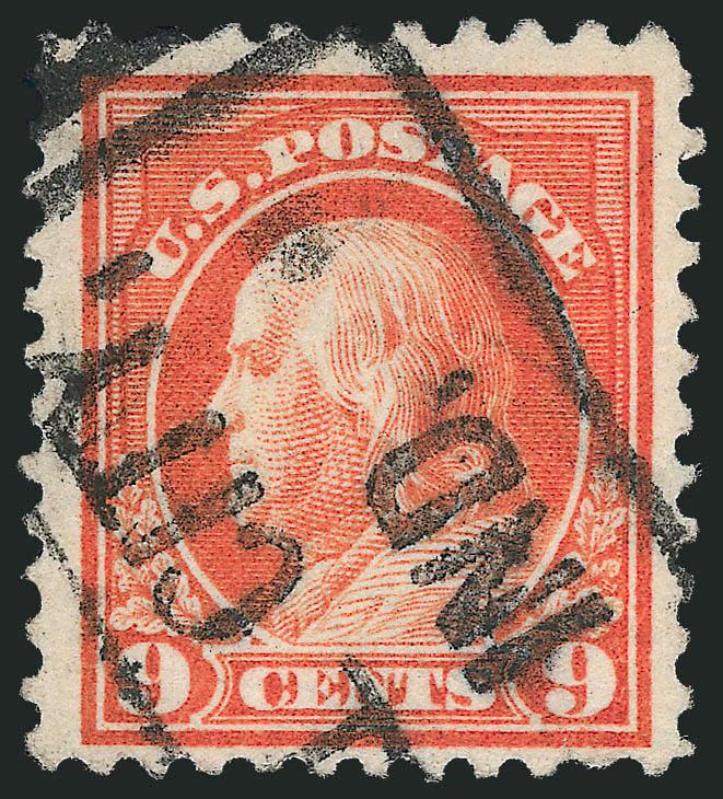 9c Salmon Red, Perf 10 at Top (509a).> Vivid color, bold strike of  Tell City, Ind. boxed cancel, nicely centered, light corner creases only visible as a flash while drying<><>^VERY FINE APPEARANCE. A RARE
POSTALLY-CANCELLED EXAMPLE OF THE 1917 9