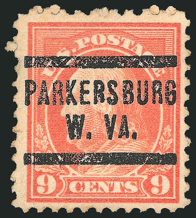 9c Salmon Red, Perf 10 at Top (509a).> Brilliant color, neat Parkersburg W. Va. precancel, <transitional perfs> with three gauging 11 at top left and others Perf 10, small paper split at upper left which is
not readily apparent when viewed from the