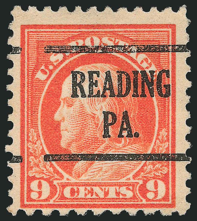 9c Salmon Red, Perf 10 at Bottom (509a).> Vibrant color, bold Reading Pa. precancel, small corner creases at right<><>^FINE APPEARING EXAMPLE OF THE RARE 1917 9-CENT PERF 10 AT BOTTOM.^<><>This is the only
example among the 23 recorded in our c