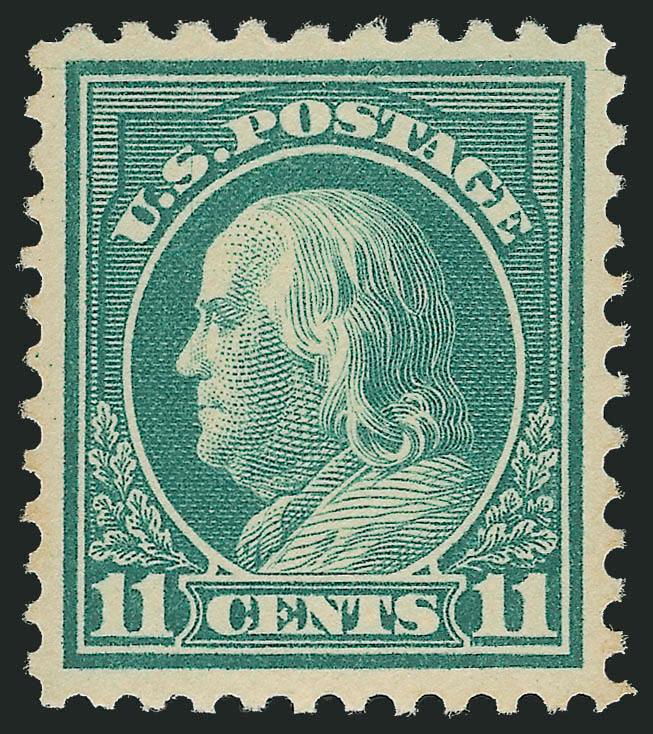 11c Light Green, Perf 10 at Top (511a).> Lightly hinged, exceptionally choice centering<><>^EXTREMELY FINE. A FRESH AND CHOICE EXAMPLE OF THE 1917 11-CENT PERF 10 AT TOP.^<><>This is one of the best-centered
examples of the 11c Perf 10 at Top or