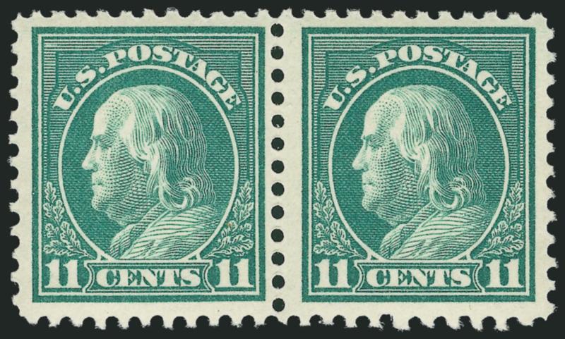 11c Light Green, Perf 10 at Bottom (511a).> Mint N.H. horizontal pair, left stamp Perf 11 at bottom, right stamp transitional from Perf 11 to 10, bright color, wide bottom margin enhances the perf
transition<><>^VERY FINE AND CHOICE. A RARE MINT NE
