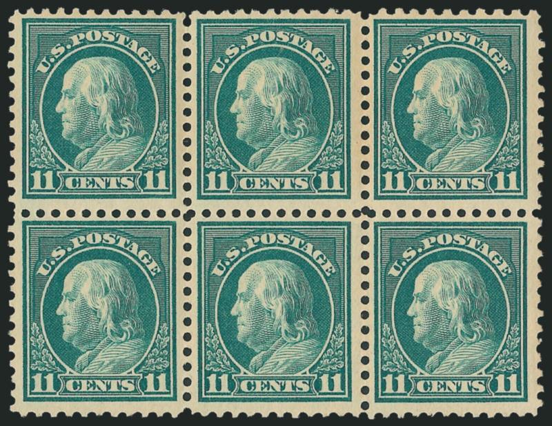 11c Light Green, Perf 10 at Top (511a).> Top right stamp Perf 10 at top in <Mint N.H.> block of six, other five stamps Perf 11, rich color, top three stamps incl. the error with light pencil notation on gum,
hint of overall toning<><>^FINE APPEARIN