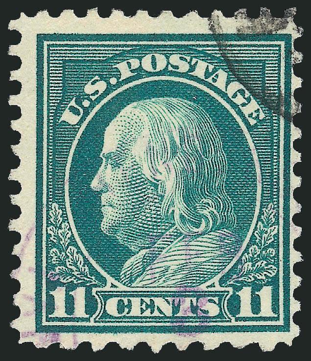 11c Light Green, Perf 10 at Bottom (511a).> Rich color, light purple Feb. 8 dated cancel at bottom and small part of rim of circular datestamp at top<><>^FRESH AND FINE USED EXAMPLE OF THE 1917 11-CENT PERF 10
AT BOTTOM. RARE WITHOUT A PRECANCEL.