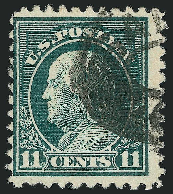 11c Light Green, Perf 10 at Bottom (511a).> Deep rich color, bold strike of oval cancel<><>^FRESH AND FINE. A SCARCE SOUND USED EXAMPLE OF THE 1917 11-CENT PERF 10 AT BOTTOM WITHOUT A PRECANCEL.^<><>With 1997
A.P.S. certificate