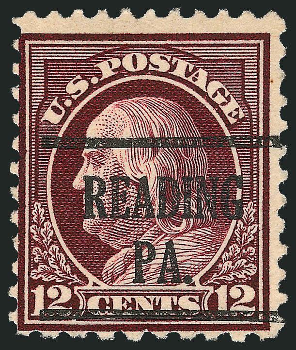 12c Claret Brown, Perf 10 at Bottom (512b).> Deep rich color, neat Reading Pa. precancel, typical centering for this difficult issue<><>^FINE. AN EXTREMELY RARE SOUND EXAMPLE OF THE 1917 12-CENT PERF 10 AT
BOTTOM. ONE OF THE RAREST OF THE PERF 10