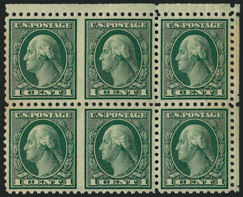 1c Green, Perf 10, Horizontal Pair, Imperforate Between (543a).> Block of six with two pairs at left showing the error and two stamps at right normal, selvage at top and right, bright color<><>^VERY FINE AND
CHOICE. A RARE MULTIPLE OF THE ONE-CENT