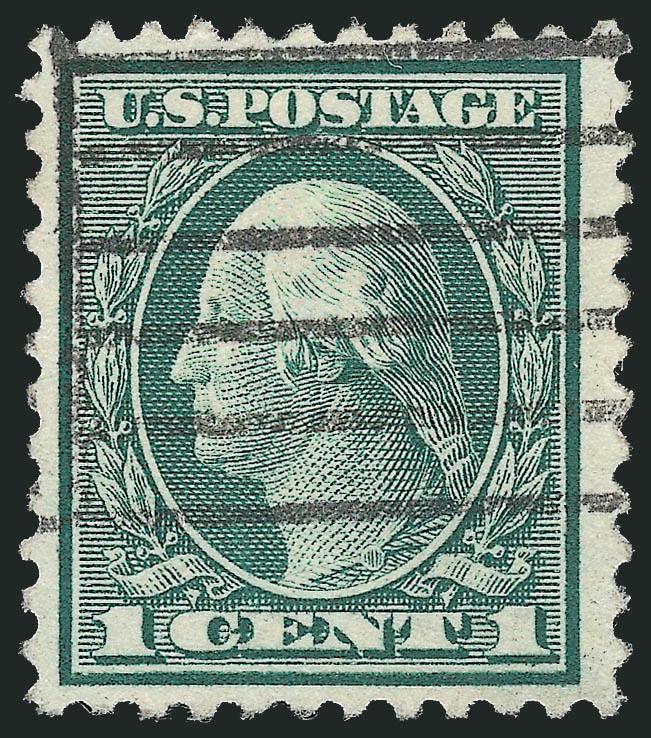 1c Green, Rotary Perf 11 (544).> Rich color, machine cancel, exceptional centering for this difficult issue<><>^VERY FINE AND CHOICE. A BEAUTIFUL SOUND EXAMPLE OF THE RARE 1922 ONE-CENT ROTARY PERF 11, SCOTT
544.^<><>With 1989 P.F. certificate